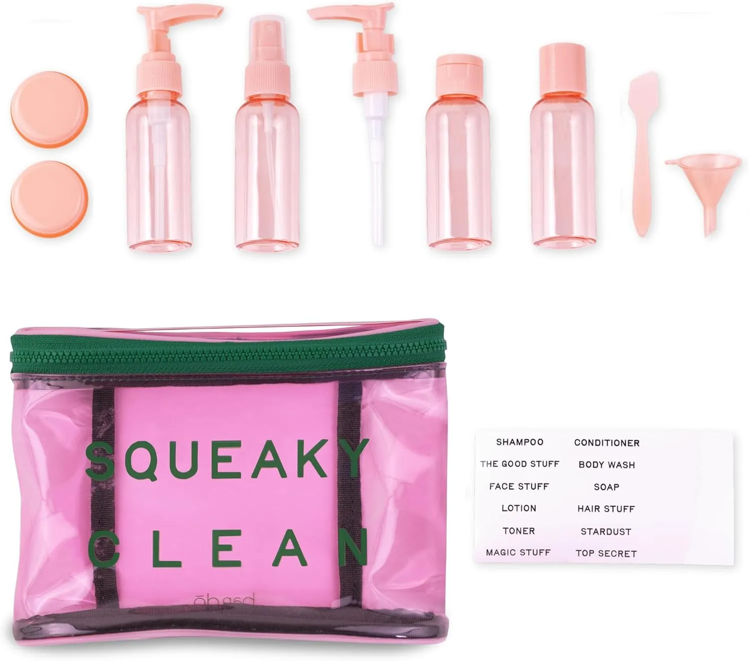 ban.do Travel Kit with 4 Plastic Bottles, 2 Pots, Label Sheet, Accessories, and PVC Zipper Pouch, Squeaky Clean