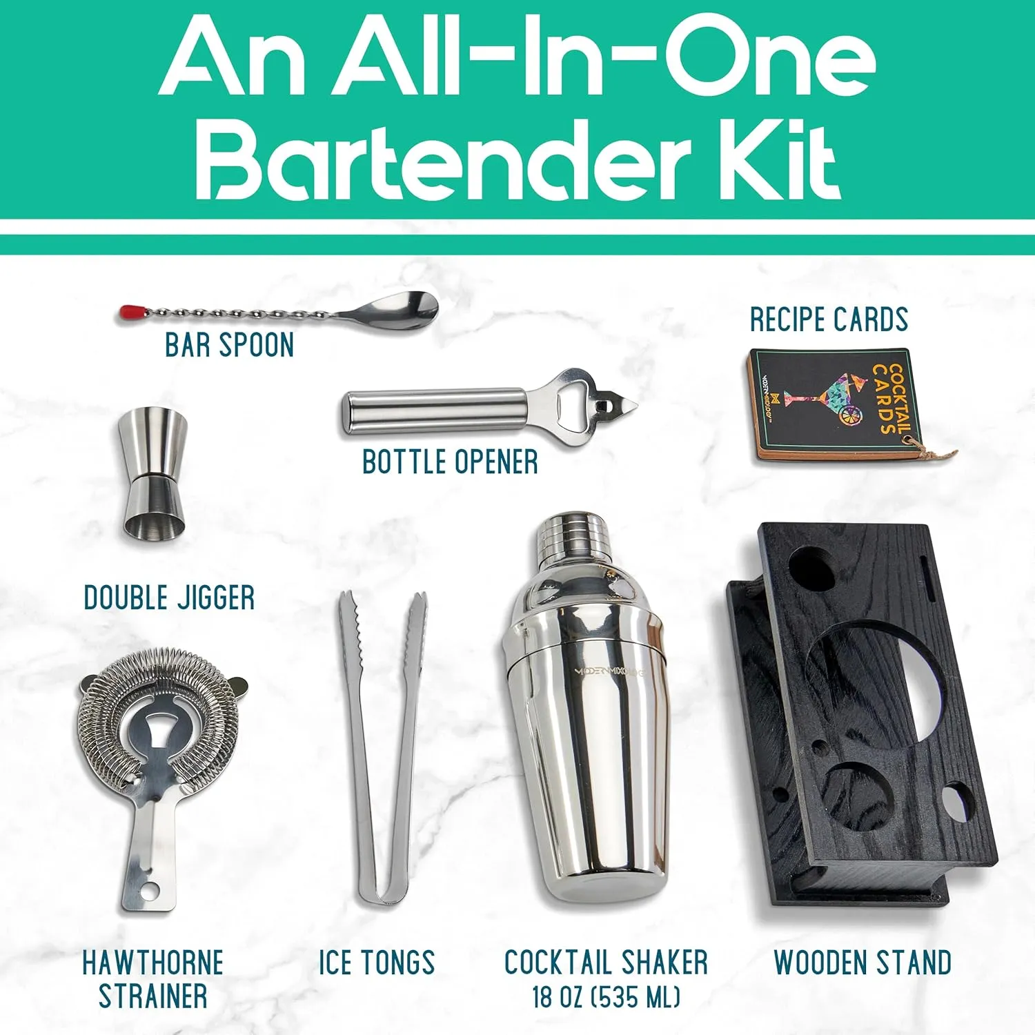 Bartender Kit - 8-Piece Silver Cocktail Shaker Set with Black Wood Stand, Recipe Cards, and Bar Accessories Ideas by Mixology