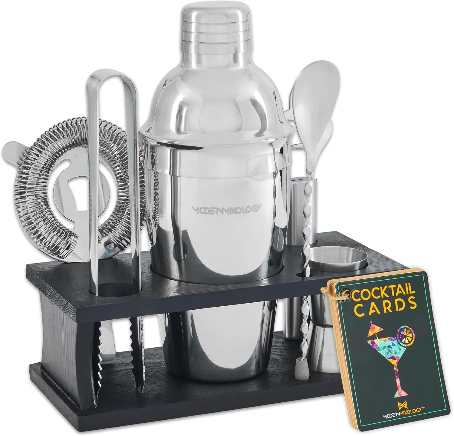 Bartender Kit - 8-Piece Silver Cocktail Shaker Set with Black Wood Stand, Recipe Cards, and Bar Accessories Ideas by Mixology