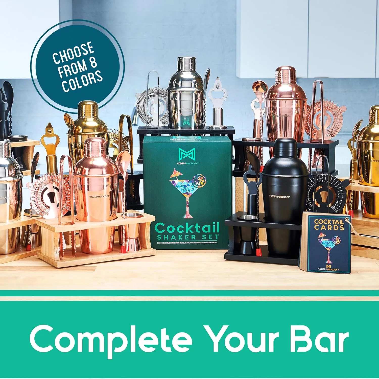 Bartender Kit - 8-Piece Silver Cocktail Shaker Set with Black Wood Stand, Recipe Cards, and Bar Accessories Ideas by Mixology