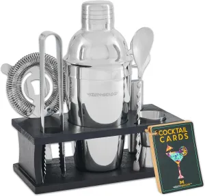 Bartender Kit - 8-Piece Silver Cocktail Shaker Set with Black Wood Stand, Recipe Cards, and Bar Accessories Ideas by Mixology