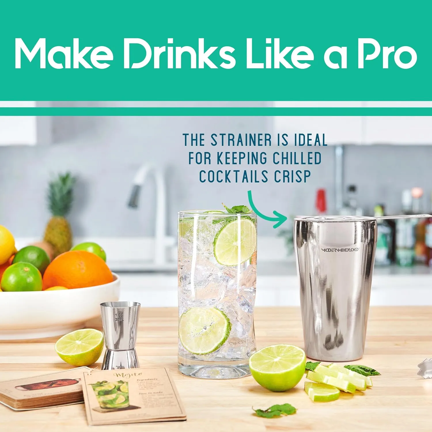 Bartender Kit - 8-Piece Silver Cocktail Shaker Set with Black Wood Stand, Recipe Cards, and Bar Accessories Ideas by Mixology