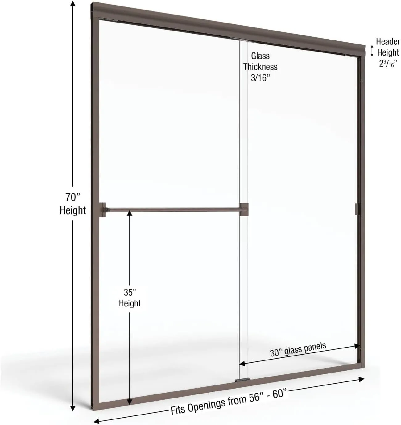 Basco Classic Semi-Frameless Sliding Shower Door, Fits 56-60 in. W x 70 in. H, 3/16 in. Obscure Tempered Glass, Brushed Nickel