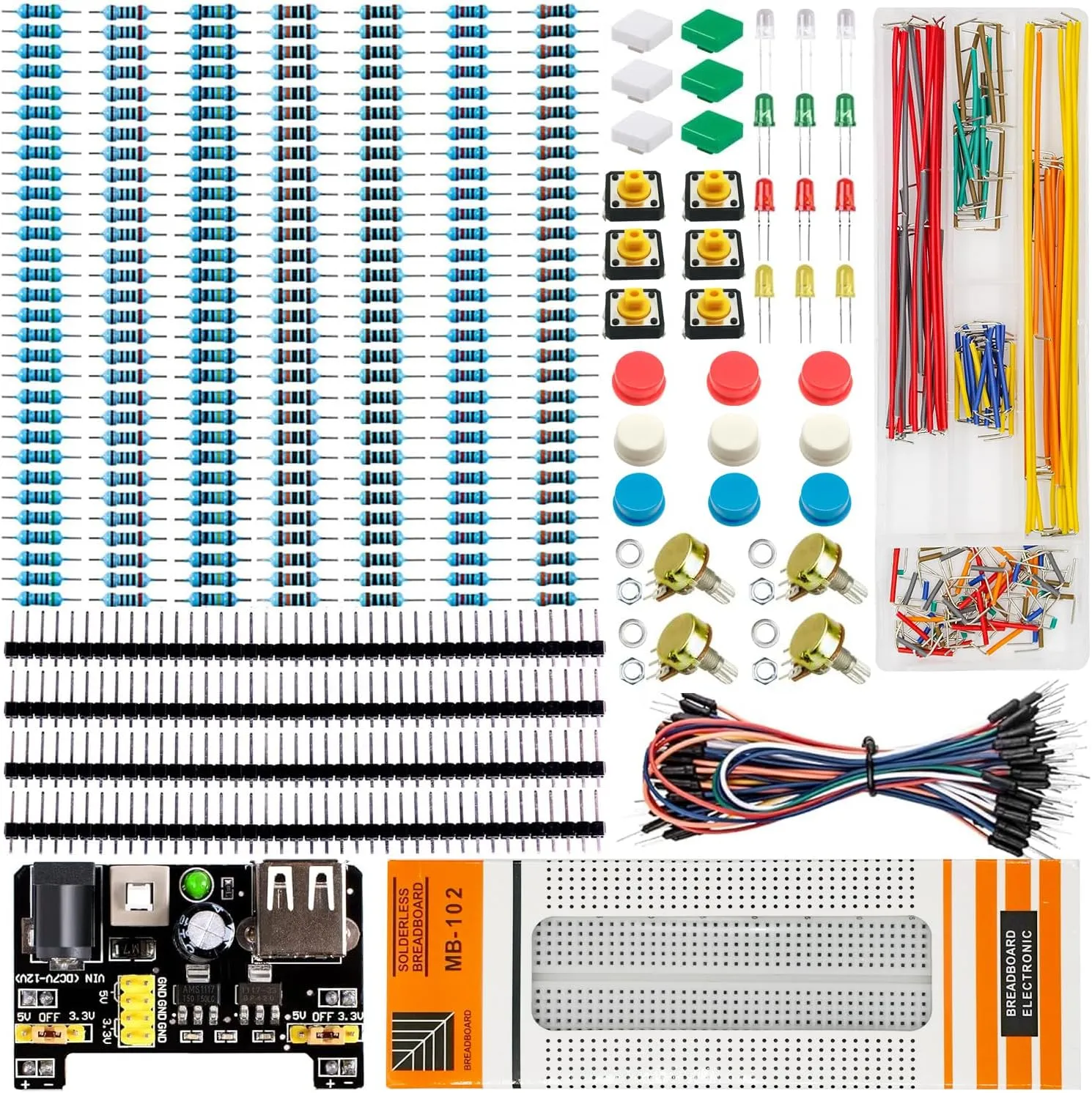 Basic Starter Kit Include Electronics Module Fun Kit, Breadboard, Power Module, Jumper Wires, Resistors, Circuit Boards，LEDs etc, Uno R3, Mega2560, Nano Compatible Replacement Parts Kit(E3)