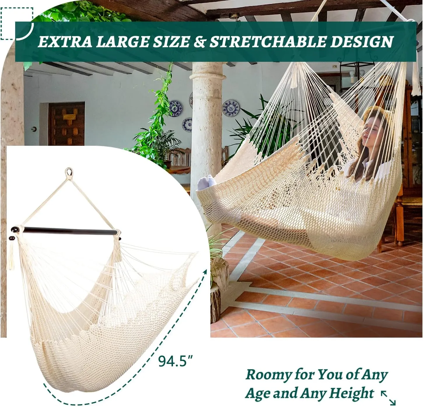 Bathonly Large Hammock Chair with Spreader Bar, Caribbean Hammock Swing Chair, XL Hammock Chair Outdoor Indoor, 330 LBS Weight Capacity, Beige