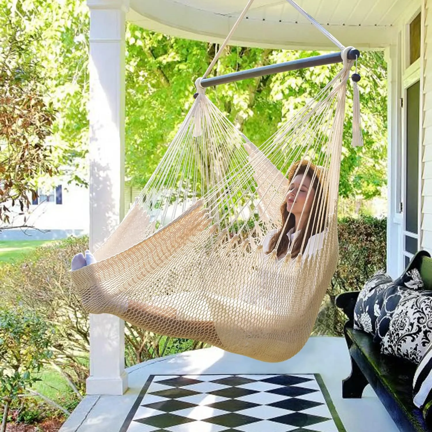 Bathonly Large Hammock Chair with Spreader Bar, Caribbean Hammock Swing Chair, XL Hammock Chair Outdoor Indoor, 330 LBS Weight Capacity, Beige