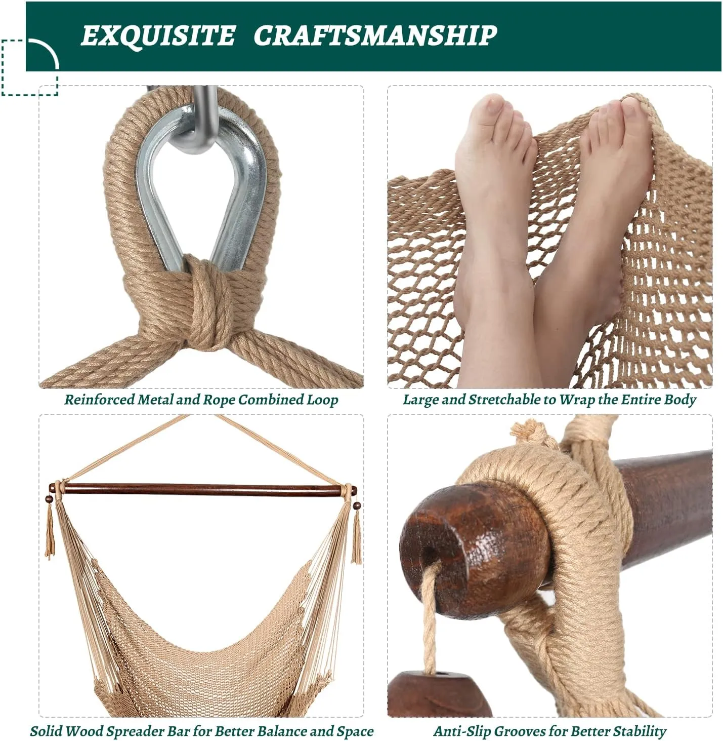 Bathonly Large Hammock Chair with Spreader Bar, Caribbean Hammock Swing Chair, XL Hammock Chair Outdoor Indoor, 330 LBS Weight Capacity, Light Brown