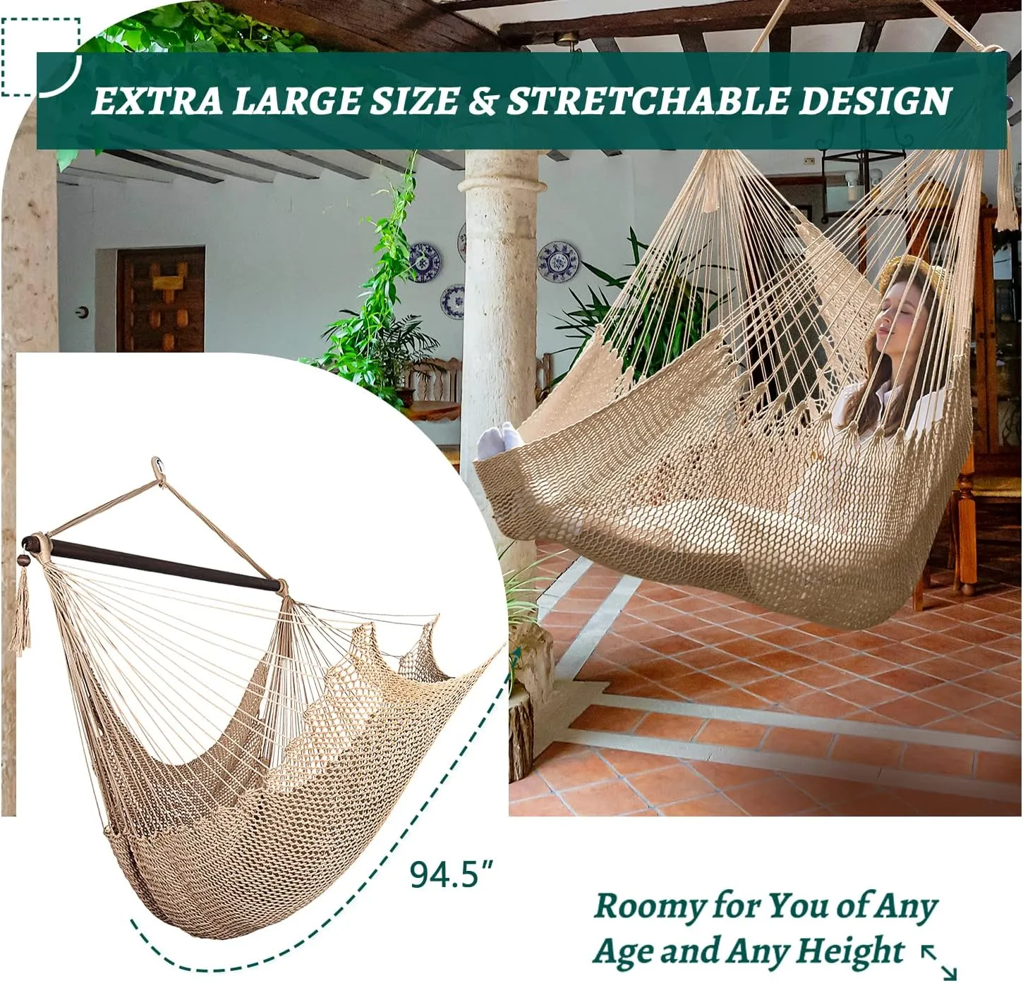 Bathonly Large Hammock Chair with Spreader Bar, Caribbean Hammock Swing Chair, XL Hammock Chair Outdoor Indoor, 330 LBS Weight Capacity, Light Brown