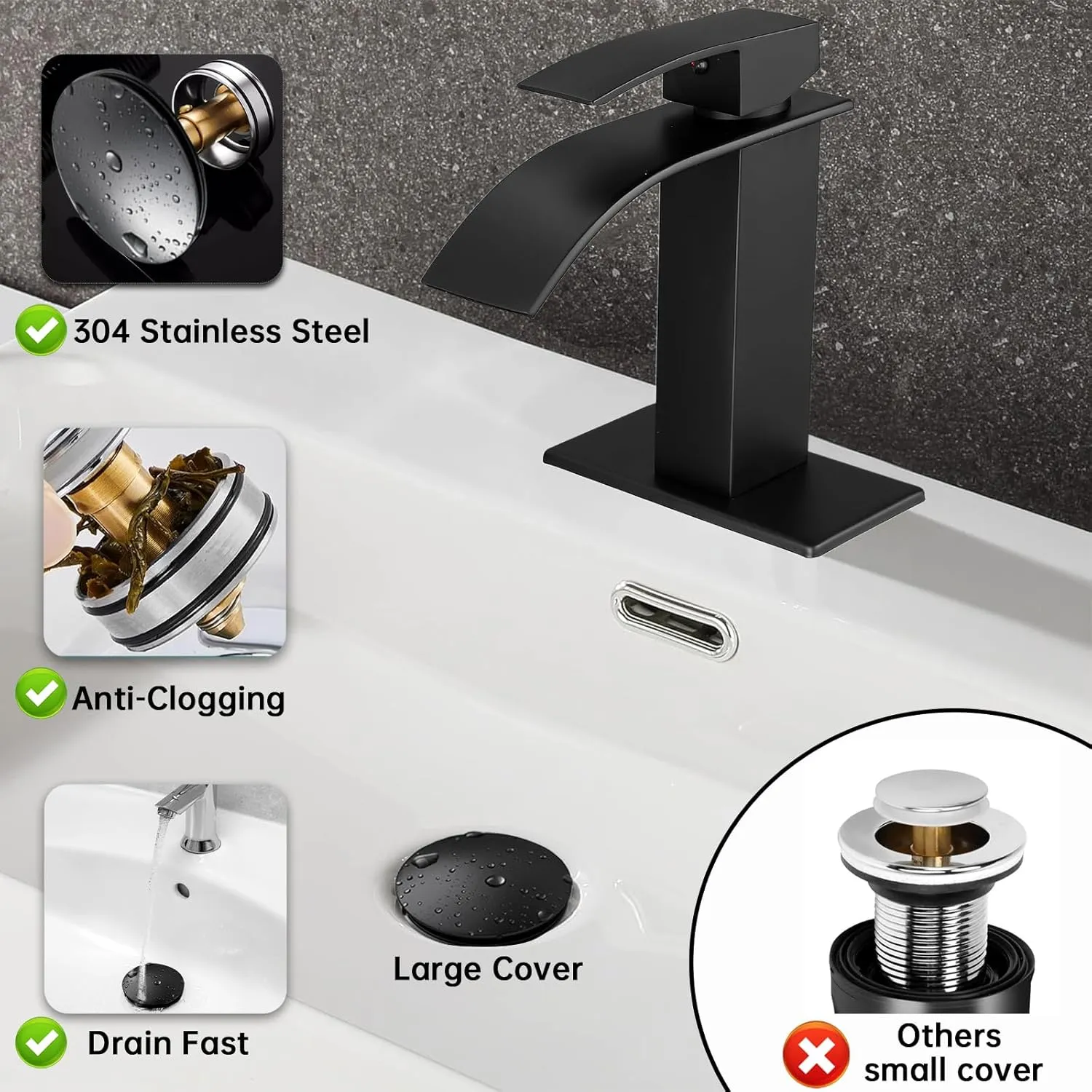 Bathroom Sink Drain Kit with Flexible Expandable Pipe: Odor-Free & Backflow-Preventing, Space-Saving Design without a P-trap, For 1-1/4'' & 1-1/2'' Drain Hole (Black, Without Overflow)
