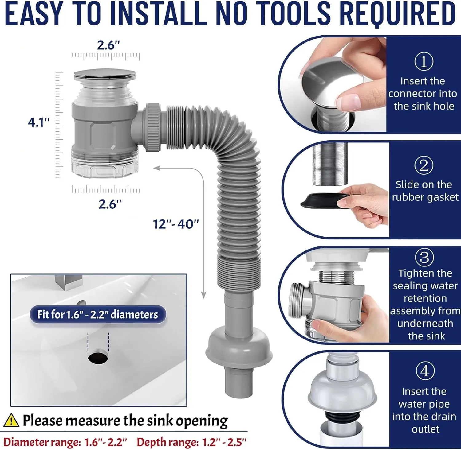 Bathroom Sink Drain Kit with Flexible Expandable Pipe: Odor-Free & Backflow-Preventing, Space-Saving Design without a P-trap, For 1-1/4'' & 1-1/2'' Drain Hole (Black, Without Overflow)