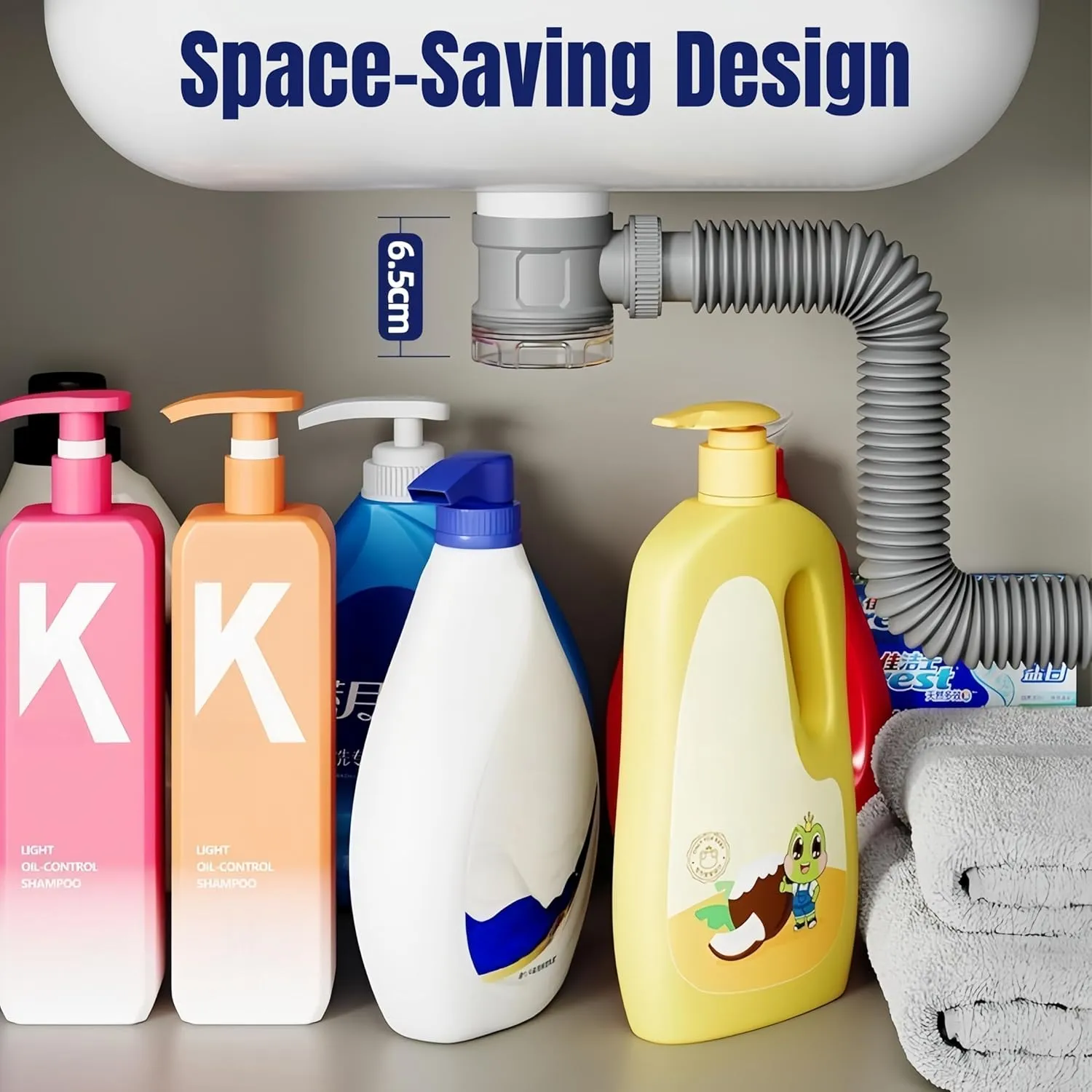 Bathroom Sink Drain Kit with Flexible Expandable Pipe: Odor-Free & Backflow-Preventing, Space-Saving Design without a P-trap, For 1-1/4'' & 1-1/2'' Drain Hole (Black, Without Overflow)