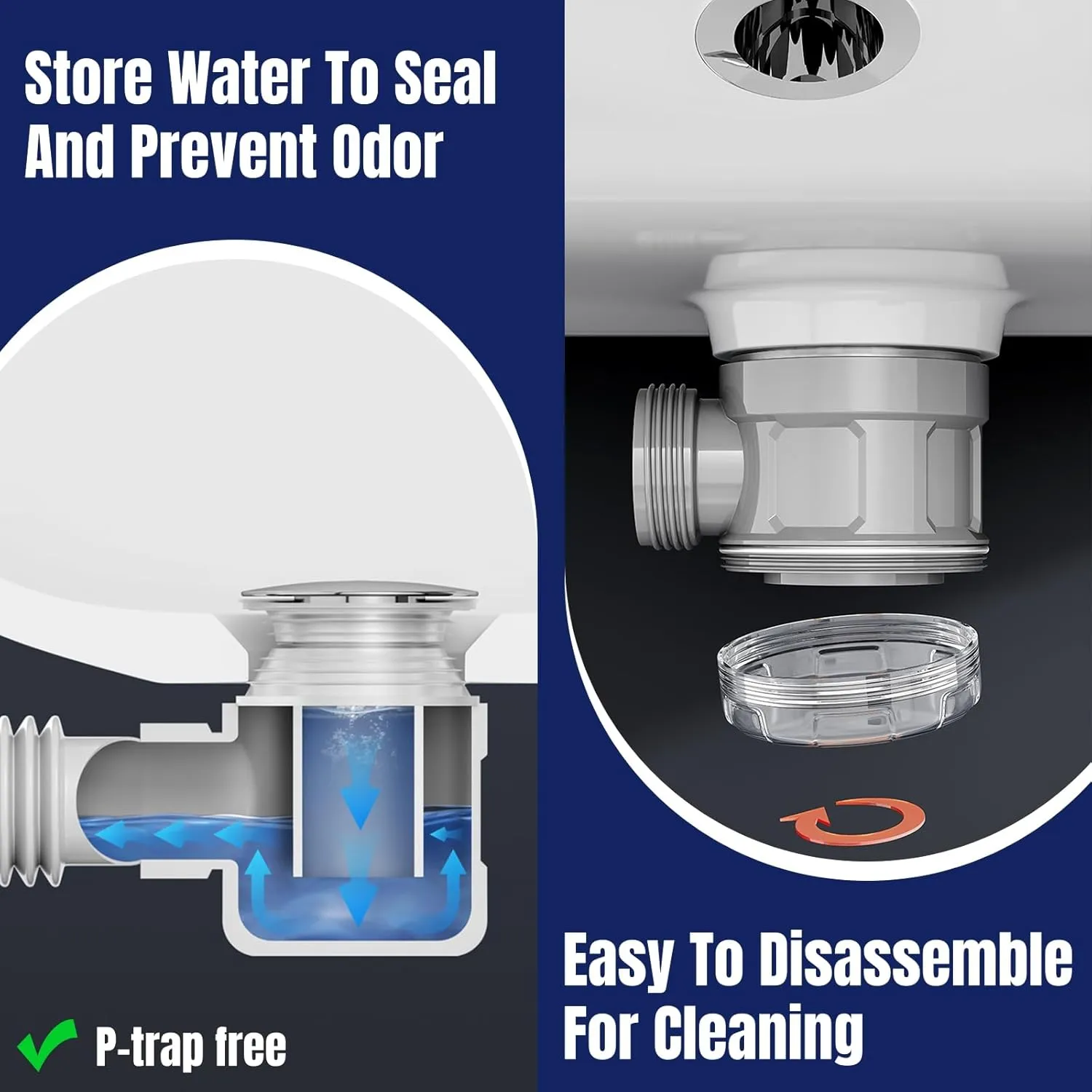 Bathroom Sink Drain Kit with Flexible Expandable Pipe: Odor-Free & Backflow-Preventing, Space-Saving Design without a P-trap, For 1-1/4'' & 1-1/2'' Drain Hole (Black, Without Overflow)