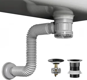 Bathroom Sink Drain Kit with Flexible Expandable Pipe: Odor-Free & Backflow-Preventing, Space-Saving Design without a P-trap, For 1-1/4'' & 1-1/2'' Drain Hole (Black, Without Overflow)