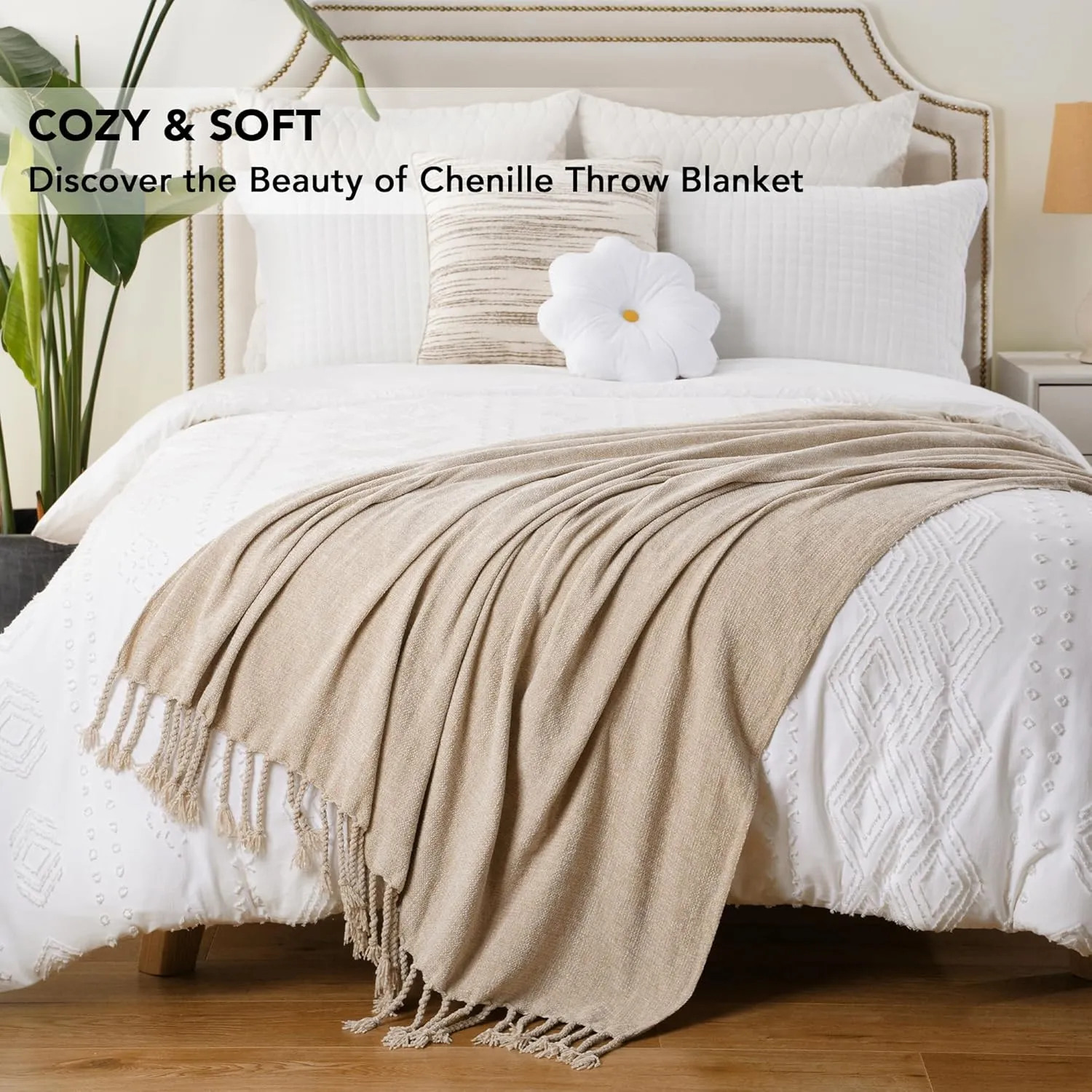 BATTILO HOME Beige Chenille Throw Blanket for Couch, Decorative Fringe Velvety Khaki Tan Throw Blanket for Sofa Home Decor, 50"x60"