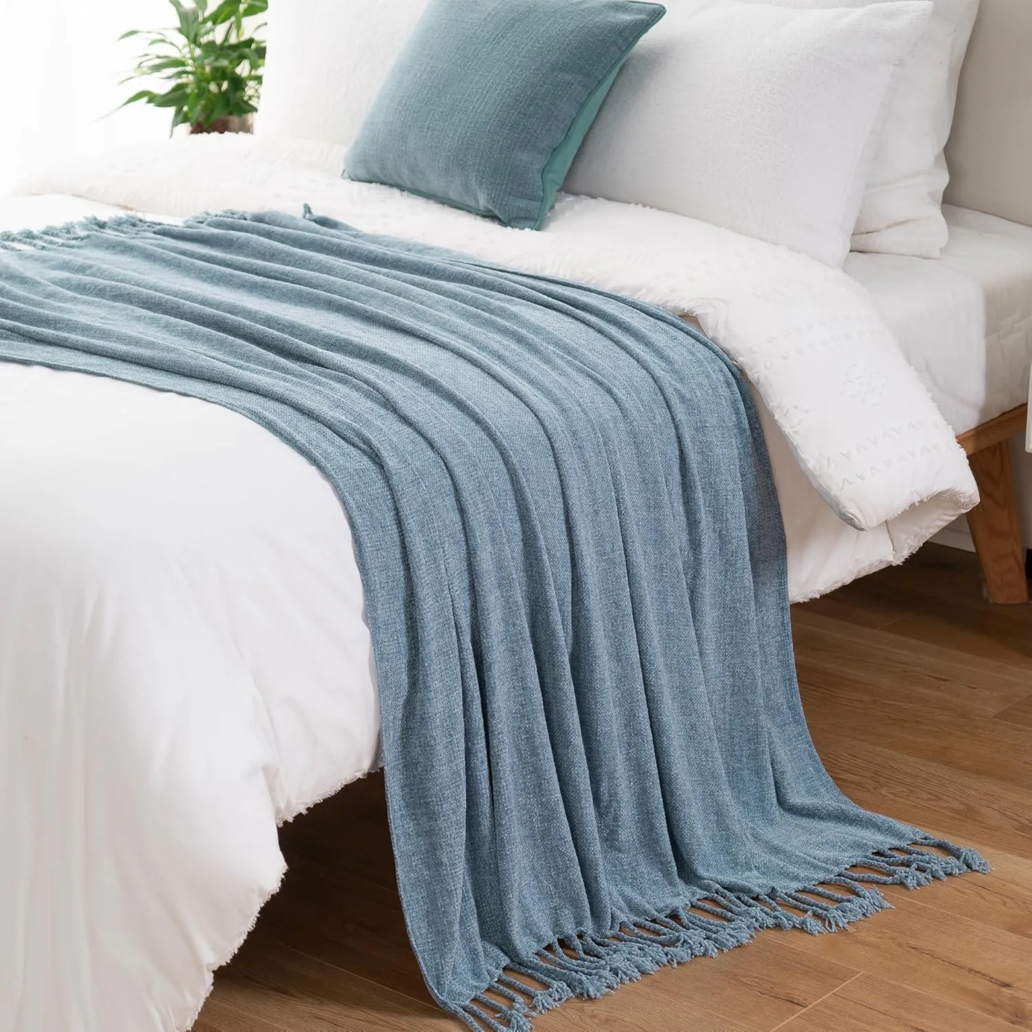 BATTILO HOME Blue Grey Throw Blanket for Couch Bed, Soft Cozy Light Blue Chenille Throw Blanket with Fringe, Lightweight Throw Blanket for Home Decor, 50"x60"
