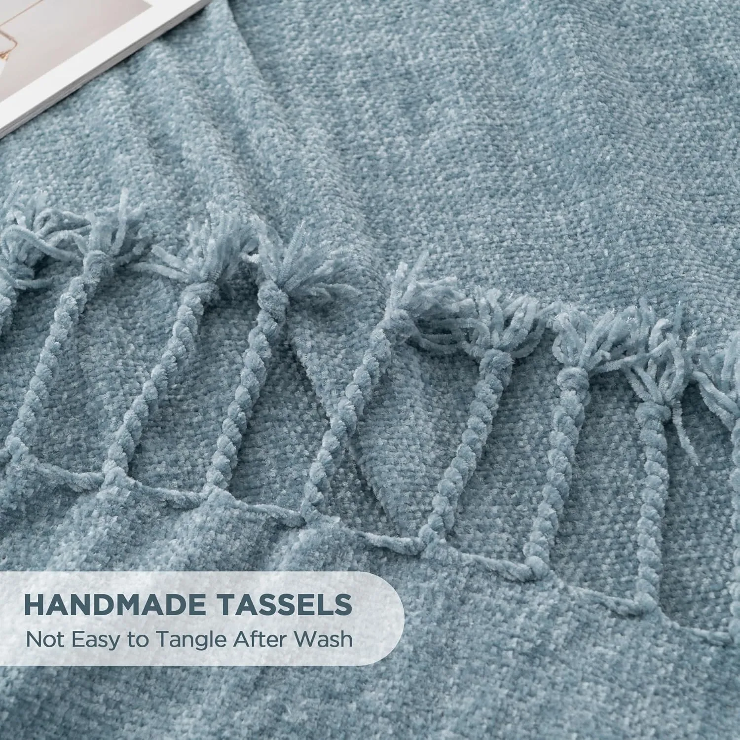 BATTILO HOME Blue Grey Throw Blanket for Couch Bed, Soft Cozy Light Blue Chenille Throw Blanket with Fringe, Lightweight Throw Blanket for Home Decor, 50"x60"