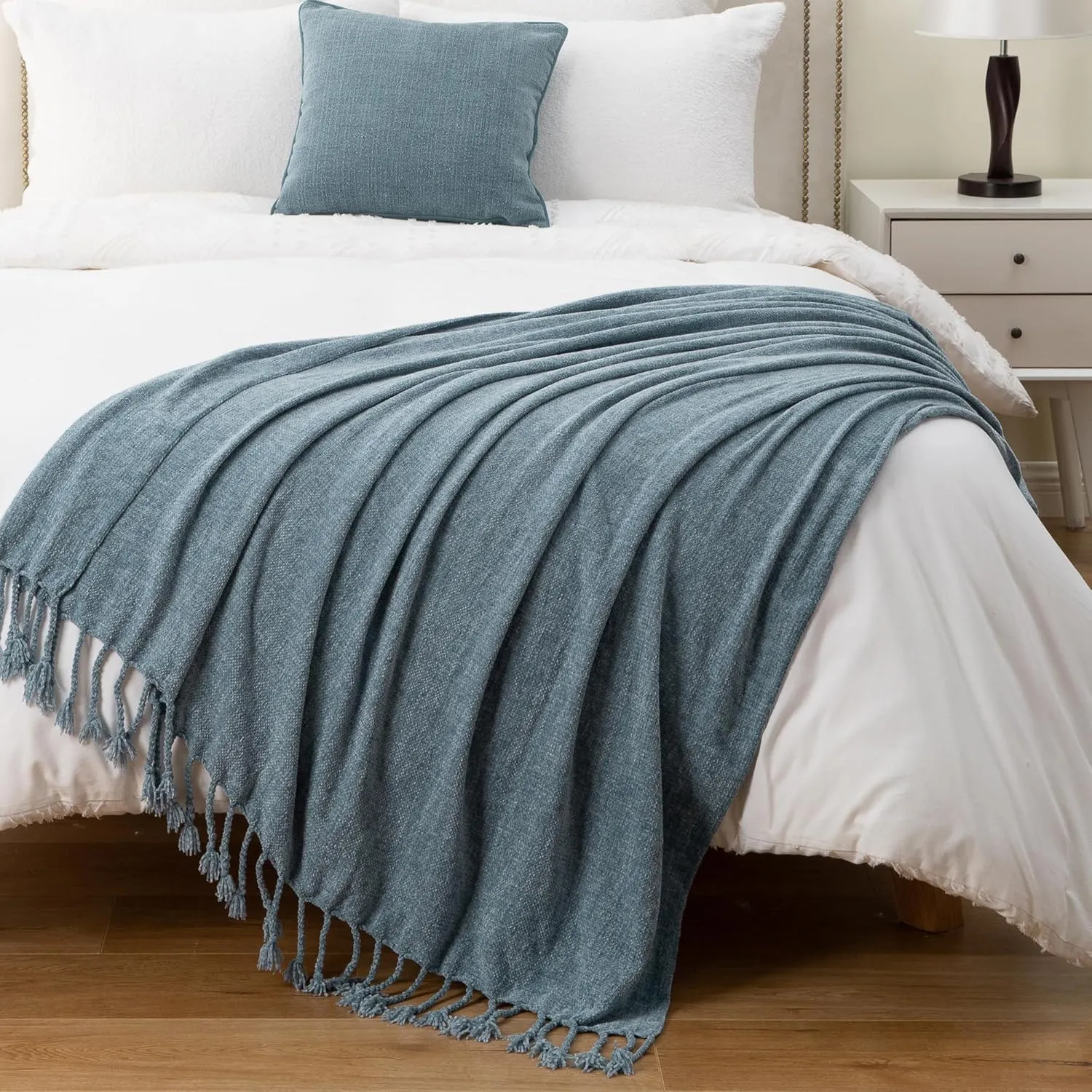 BATTILO HOME Blue Grey Throw Blanket for Couch Bed, Soft Cozy Light Blue Chenille Throw Blanket with Fringe, Lightweight Throw Blanket for Home Decor, 50"x60"