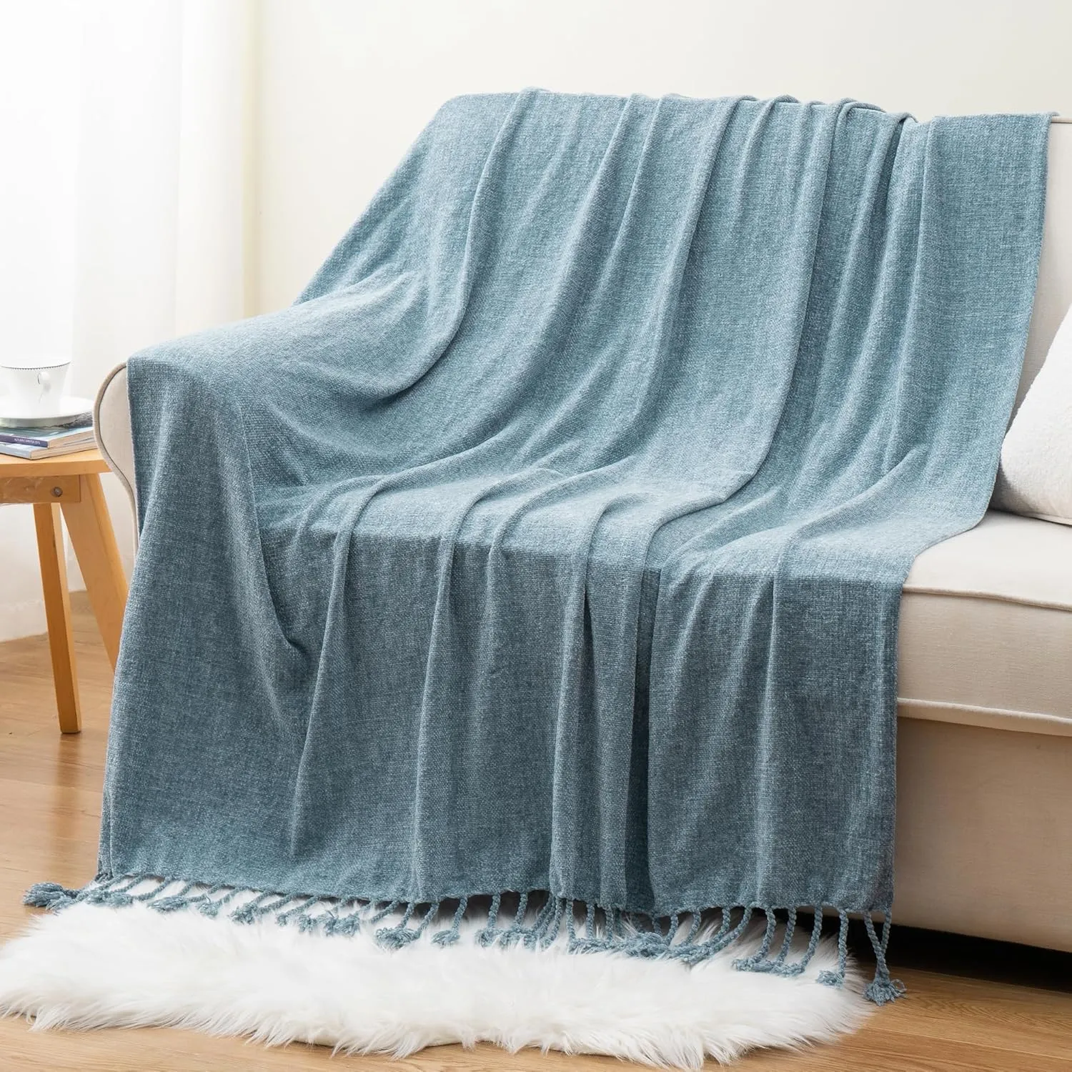 BATTILO HOME Blue Grey Throw Blanket for Couch Bed, Soft Cozy Light Blue Chenille Throw Blanket with Fringe, Lightweight Throw Blanket for Home Decor, 50"x60"