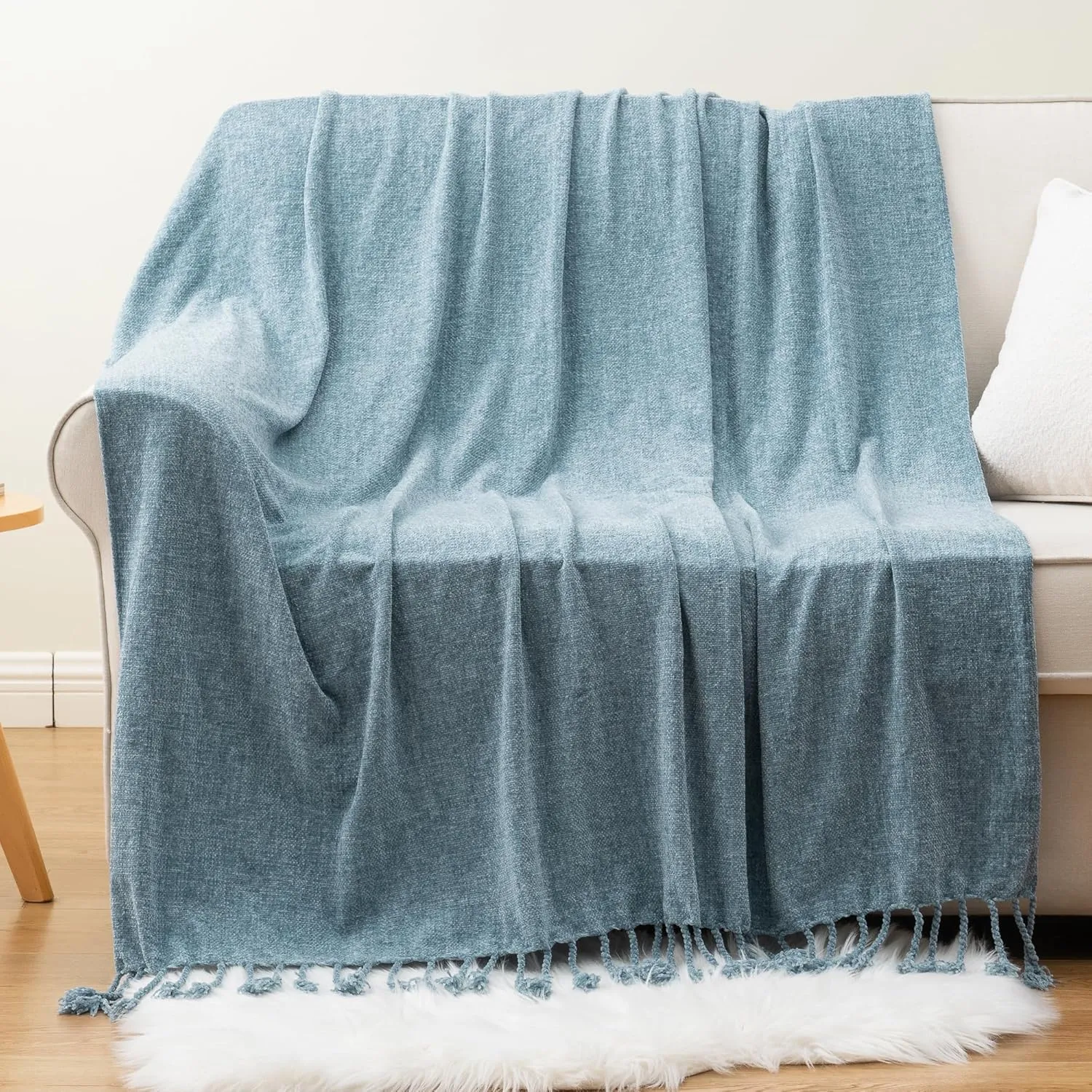 BATTILO HOME Blue Grey Throw Blanket for Couch Bed, Soft Cozy Light Blue Chenille Throw Blanket with Fringe, Lightweight Throw Blanket for Home Decor, 50"x60"