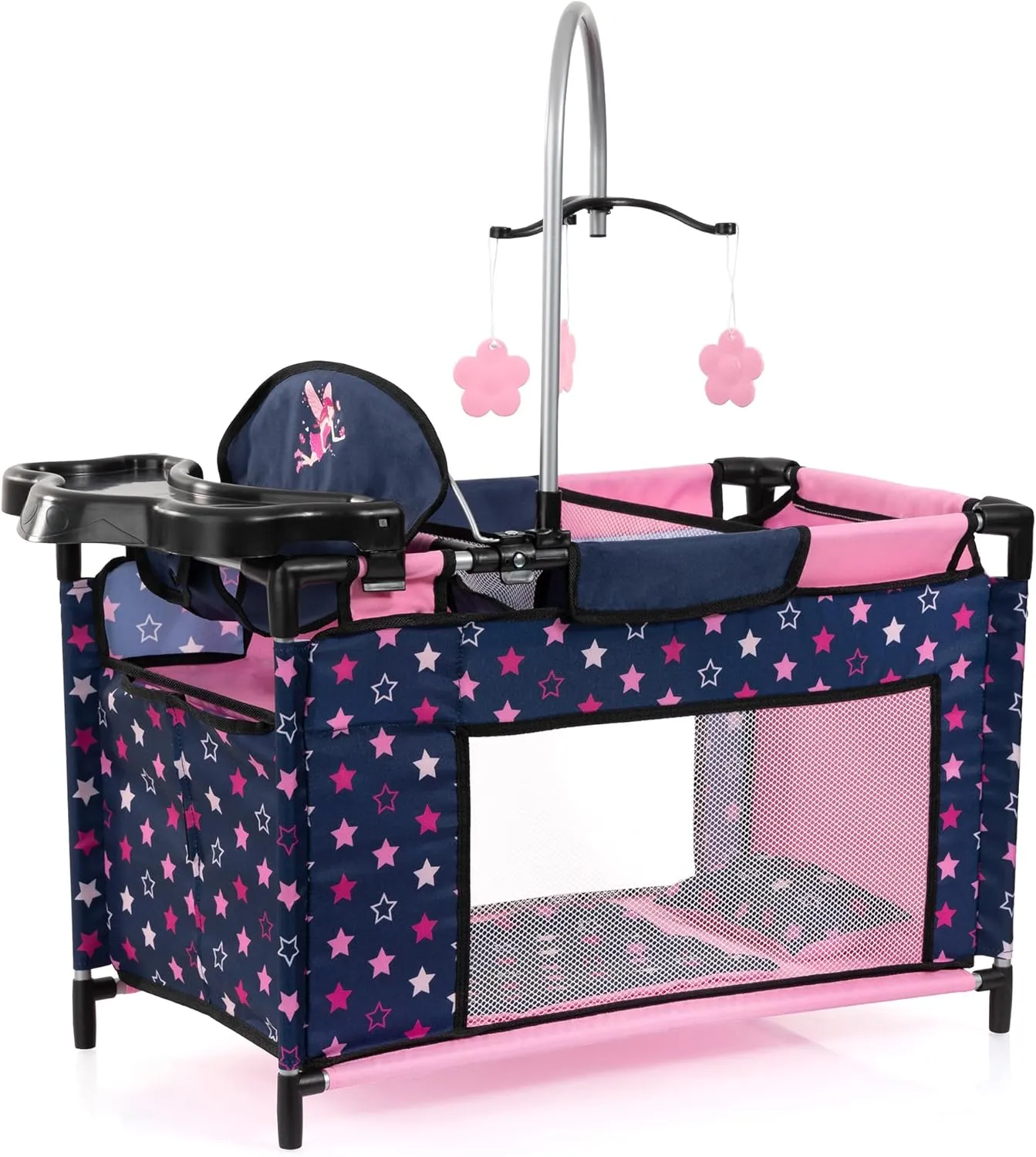 Bayer Design Dolls: Multi-Bed - Navy, Pink, Fairy, Stars - Playpen for Dolls Up to 18", Built-in Highchair & Mobile, Pillow & Blanket, Kids Toy Age 3 