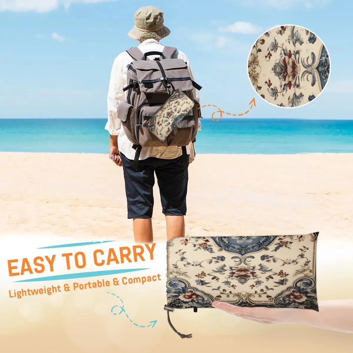 Beach Blanket, Bohemian Flower Sandproof Beach Mat, Waterproof Quick Drying Sand Free Mat with 4 x Ground Spikes for Outdoor Travel Camping Hiking, Boho Floral 68 x 59 in