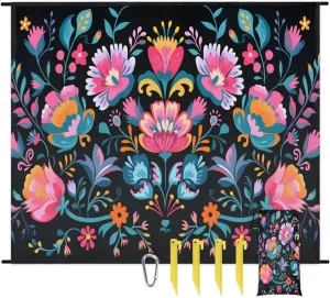 Beach Blanket, Boho Flower Floral Sandproof Beach Mat, Waterproof Quick Drying Sand Free Mat with 4 x Ground Spikes for Outdoor Travel Camping Hiking, Vintage Retro 68 x 59 in
