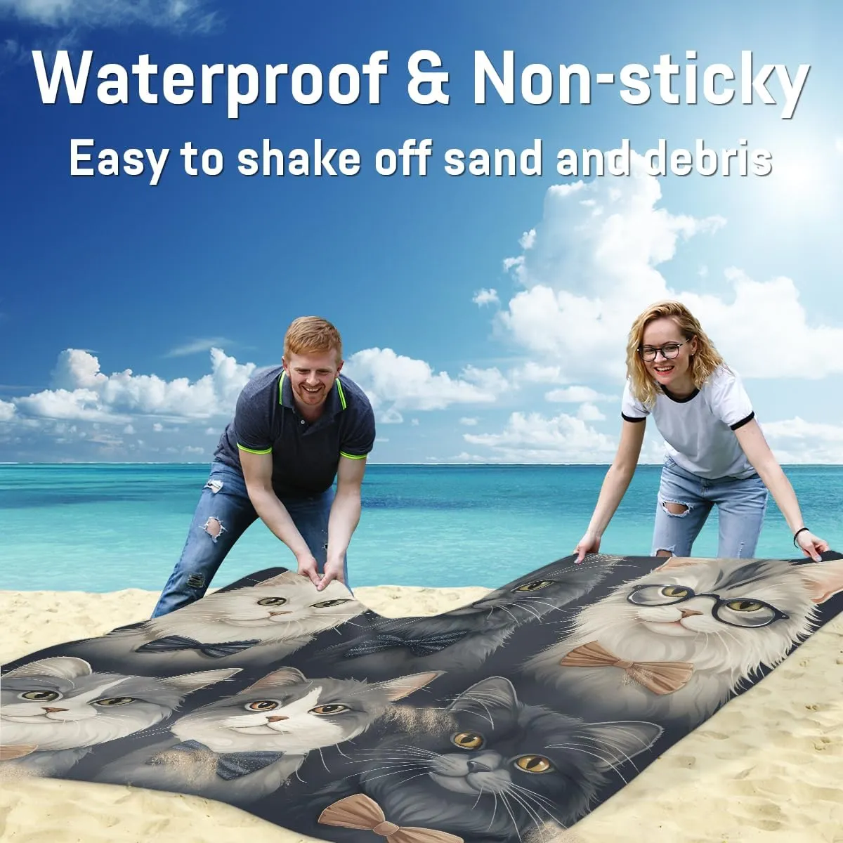 Beach Blanket, Cat Sandproof Beach Mat, Waterproof Quick Drying Sand Free Mat with 4 x Ground Spikes for Outdoor Travel Camping Hiking, Funny Cat 68 x 59 in