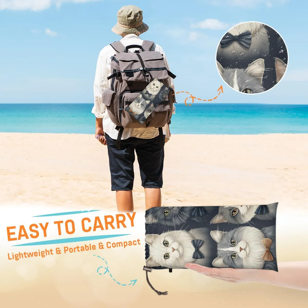 Beach Blanket, Cat Sandproof Beach Mat, Waterproof Quick Drying Sand Free Mat with 4 x Ground Spikes for Outdoor Travel Camping Hiking, Funny Cat 68 x 59 in