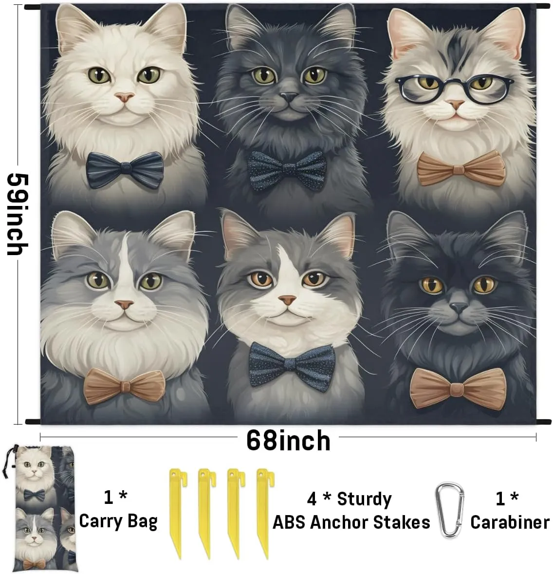 Beach Blanket, Cat Sandproof Beach Mat, Waterproof Quick Drying Sand Free Mat with 4 x Ground Spikes for Outdoor Travel Camping Hiking, Funny Cat 68 x 59 in