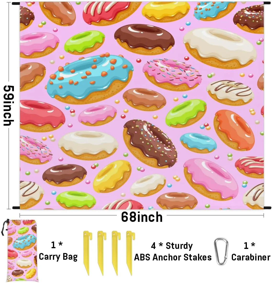Beach Blanket, Colorful Donuts Sandproof Beach Mat, Waterproof Quick Drying Sand Free Mat with 4 x Ground Spikes for Outdoor Travel Camping Hiking, Donuts 68 x 59 in