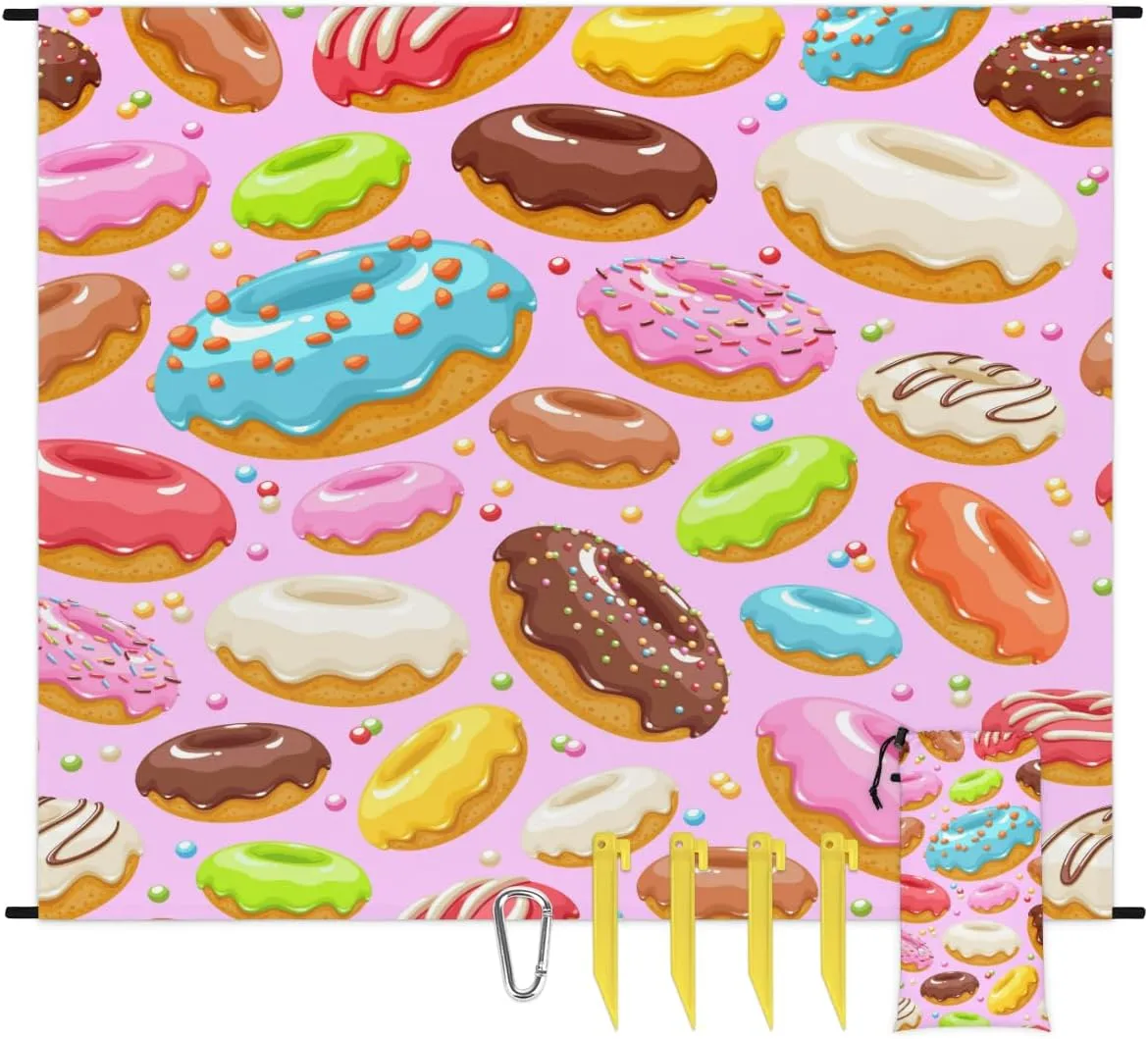 Beach Blanket, Colorful Donuts Sandproof Beach Mat, Waterproof Quick Drying Sand Free Mat with 4 x Ground Spikes for Outdoor Travel Camping Hiking, Donuts 68 x 59 in
