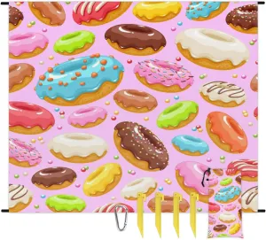 Beach Blanket, Colorful Donuts Sandproof Beach Mat, Waterproof Quick Drying Sand Free Mat with 4 x Ground Spikes for Outdoor Travel Camping Hiking, Donuts 68 x 59 in