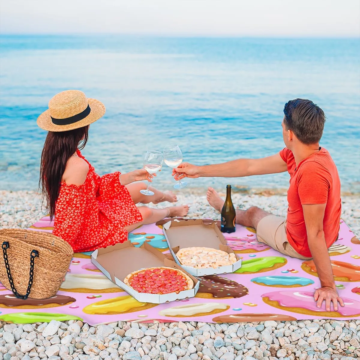 Beach Blanket, Colorful Donuts Sandproof Beach Mat, Waterproof Quick Drying Sand Free Mat with 4 x Ground Spikes for Outdoor Travel Camping Hiking, Donuts 68 x 59 in
