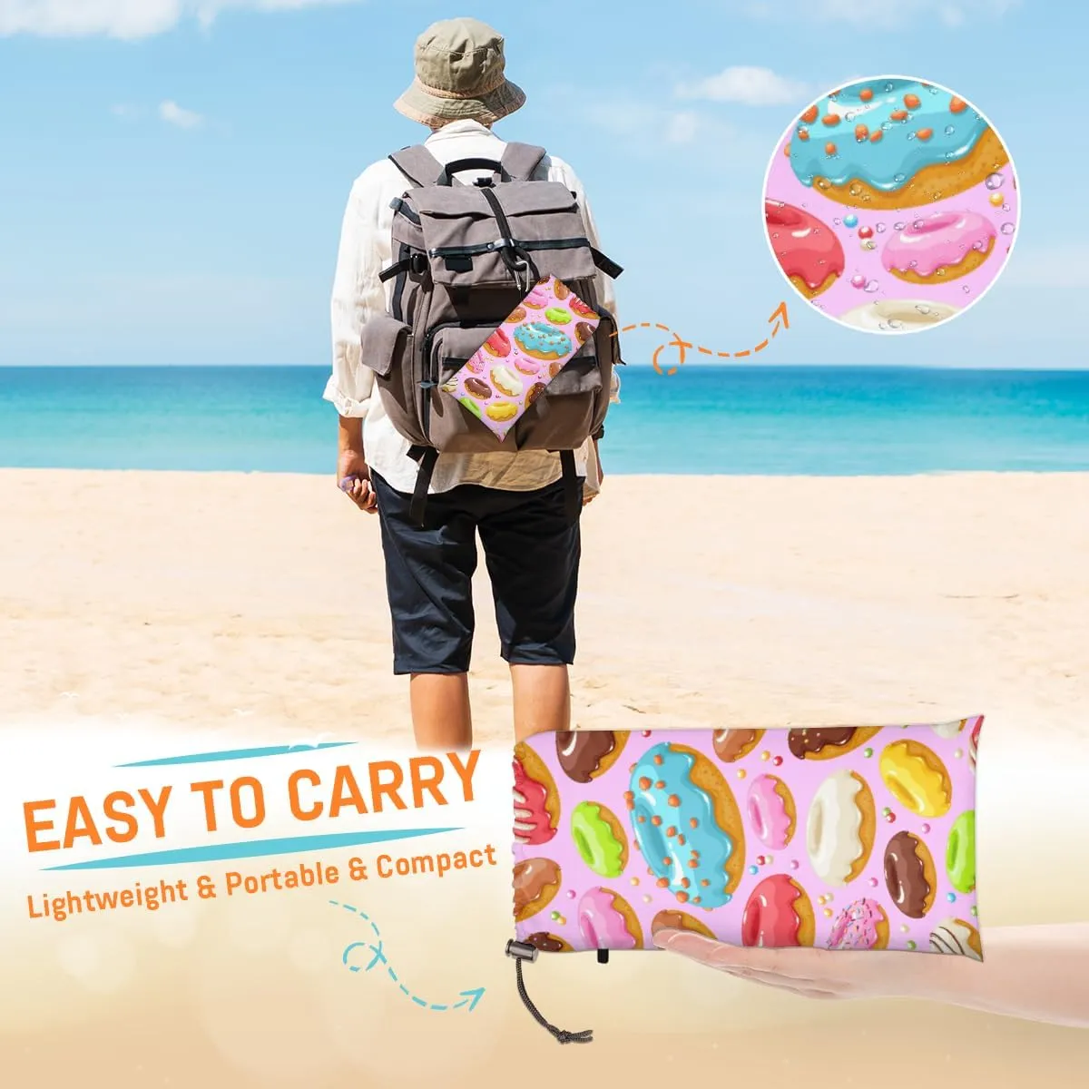 Beach Blanket, Colorful Donuts Sandproof Beach Mat, Waterproof Quick Drying Sand Free Mat with 4 x Ground Spikes for Outdoor Travel Camping Hiking, Donuts 68 x 59 in