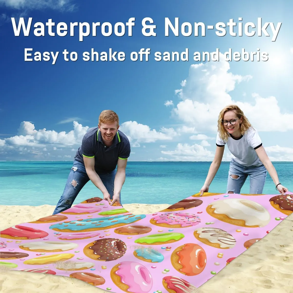 Beach Blanket, Colorful Donuts Sandproof Beach Mat, Waterproof Quick Drying Sand Free Mat with 4 x Ground Spikes for Outdoor Travel Camping Hiking, Donuts 68 x 59 in