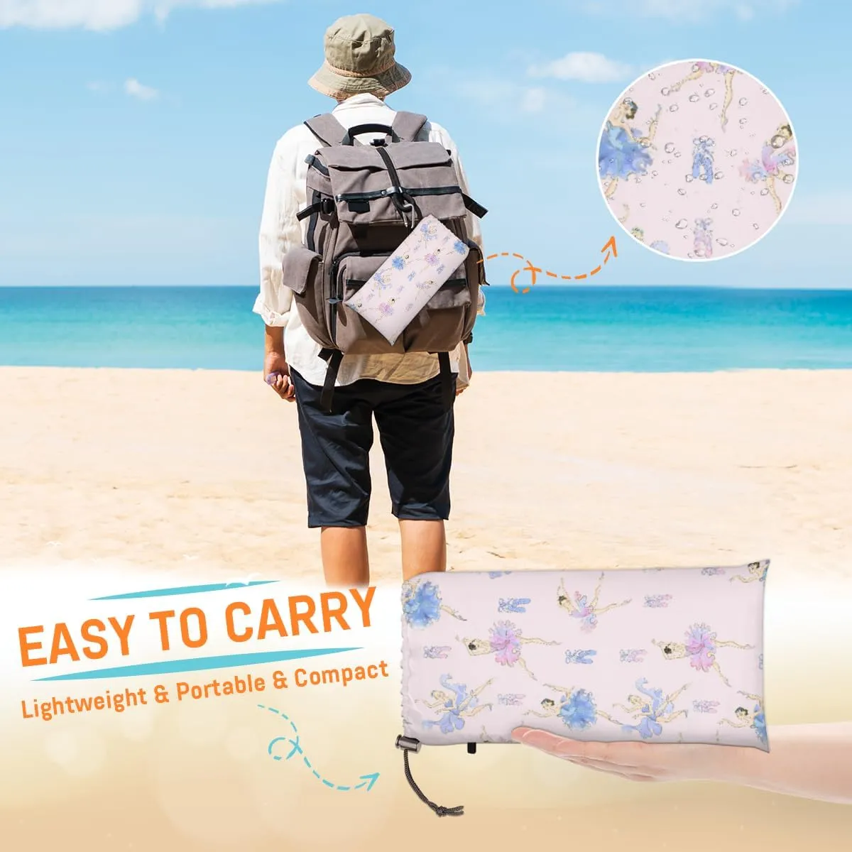 Beach Blanket, Cute Ballet Sandproof Beach Mat, Waterproof Quick Drying Sand Free Mat with 4 x Ground Spikes for Outdoor Travel Camping Hiking, Ballerina 68 x 59 in
