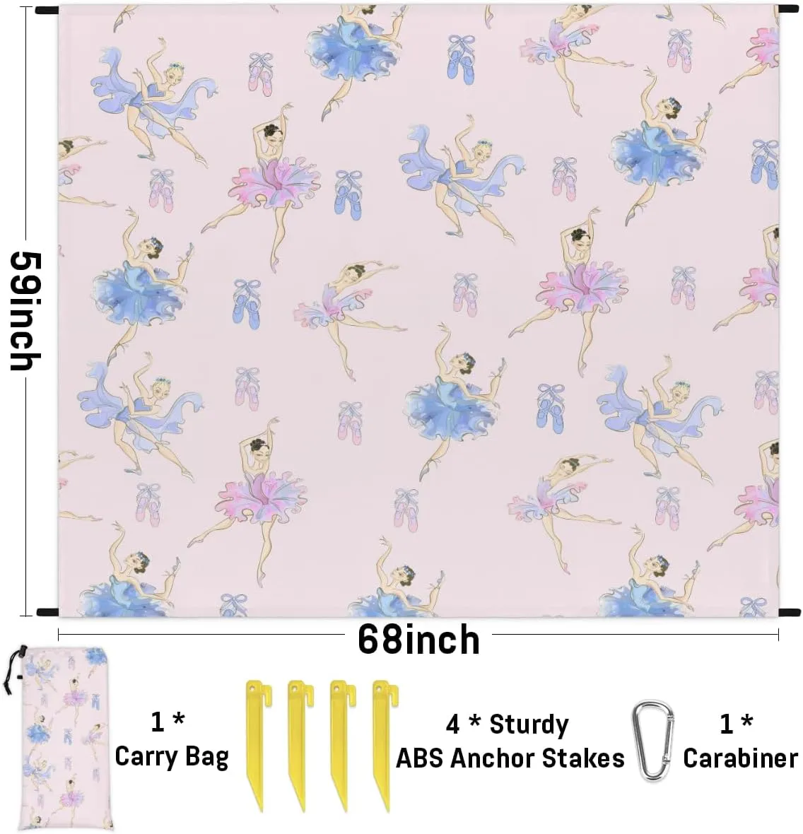 Beach Blanket, Cute Ballet Sandproof Beach Mat, Waterproof Quick Drying Sand Free Mat with 4 x Ground Spikes for Outdoor Travel Camping Hiking, Ballerina 68 x 59 in