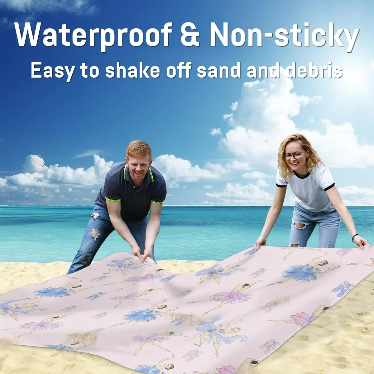Beach Blanket, Cute Ballet Sandproof Beach Mat, Waterproof Quick Drying Sand Free Mat with 4 x Ground Spikes for Outdoor Travel Camping Hiking, Ballerina 68 x 59 in
