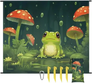 Beach Blanket, Cute Frog Sandproof Beach Mat, Waterproof Quick Drying Sand Free Mat with 4 x Ground Spikes for Outdoor Travel Camping Hiking, Frog Mushroom 68 x 59 in