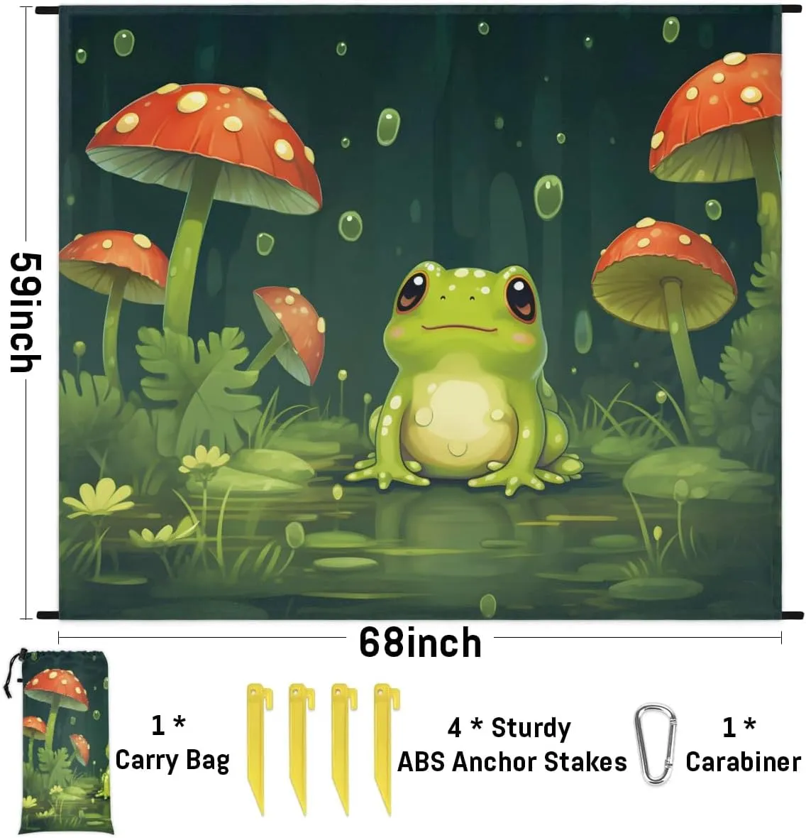 Beach Blanket, Cute Frog Sandproof Beach Mat, Waterproof Quick Drying Sand Free Mat with 4 x Ground Spikes for Outdoor Travel Camping Hiking, Frog Mushroom 68 x 59 in
