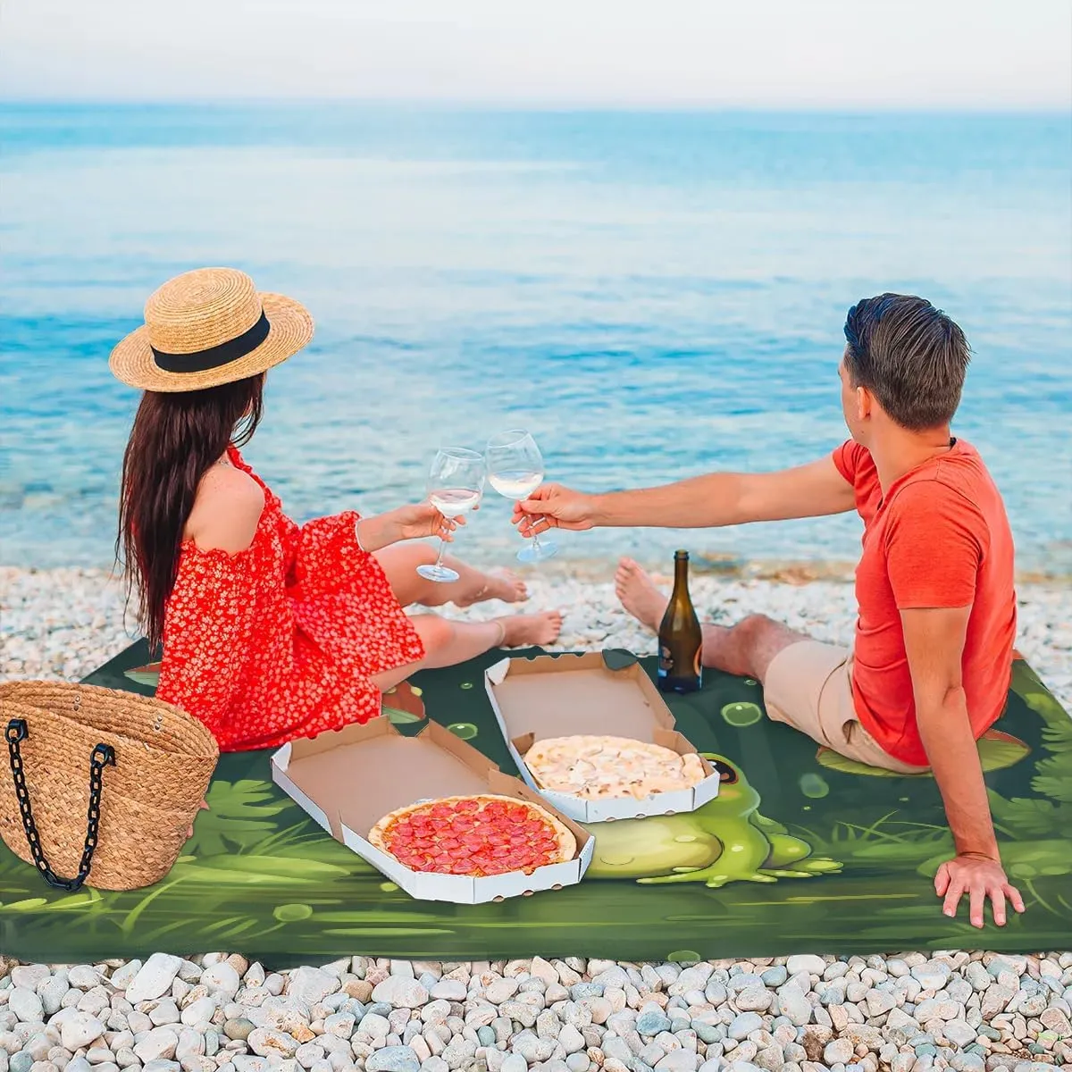 Beach Blanket, Cute Frog Sandproof Beach Mat, Waterproof Quick Drying Sand Free Mat with 4 x Ground Spikes for Outdoor Travel Camping Hiking, Frog Mushroom 68 x 59 in