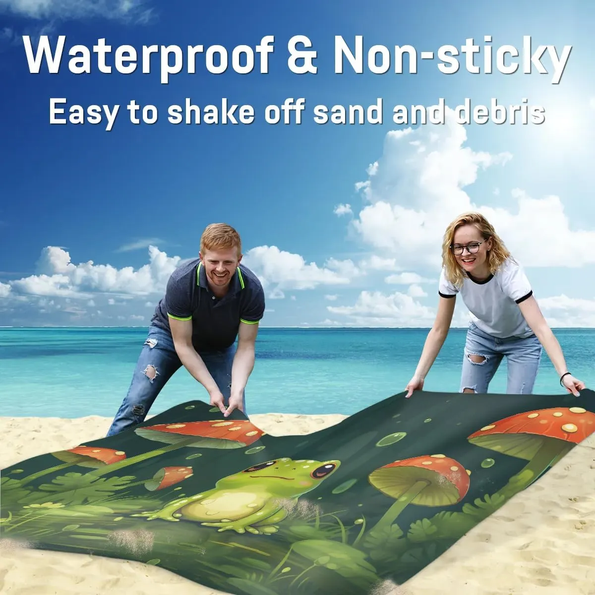 Beach Blanket, Cute Frog Sandproof Beach Mat, Waterproof Quick Drying Sand Free Mat with 4 x Ground Spikes for Outdoor Travel Camping Hiking, Frog Mushroom 68 x 59 in
