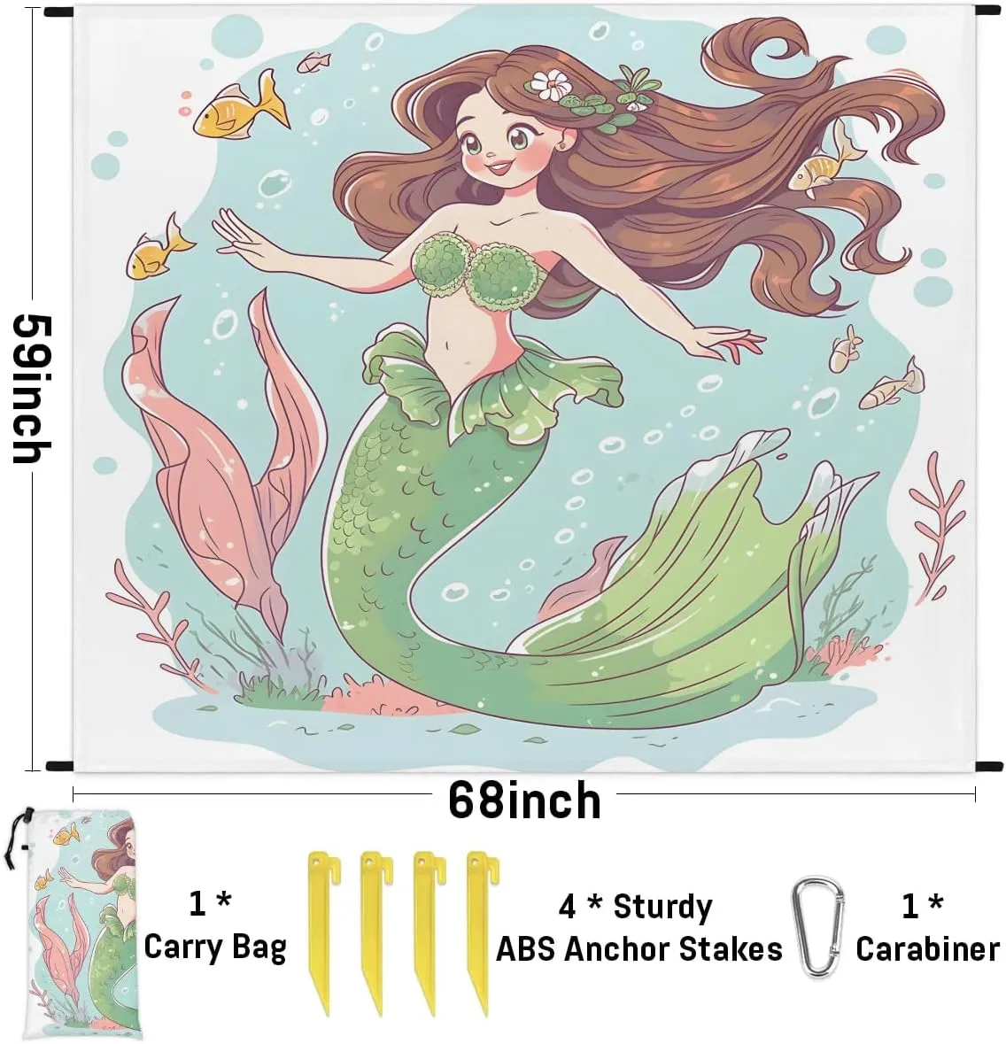 Beach Blanket, Cute Mermaid Sandproof Beach Mat, Waterproof Quick Drying Sand Free Mat with 4 x Ground Spikes for Outdoor Travel Camping Hiking, Cartoon Mermaid 68 x 59 in