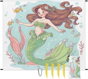Beach Blanket, Cute Mermaid Sandproof Beach Mat, Waterproof Quick Drying Sand Free Mat with 4 x Ground Spikes for Outdoor Travel Camping Hiking, Cartoon Mermaid 68 x 59 in