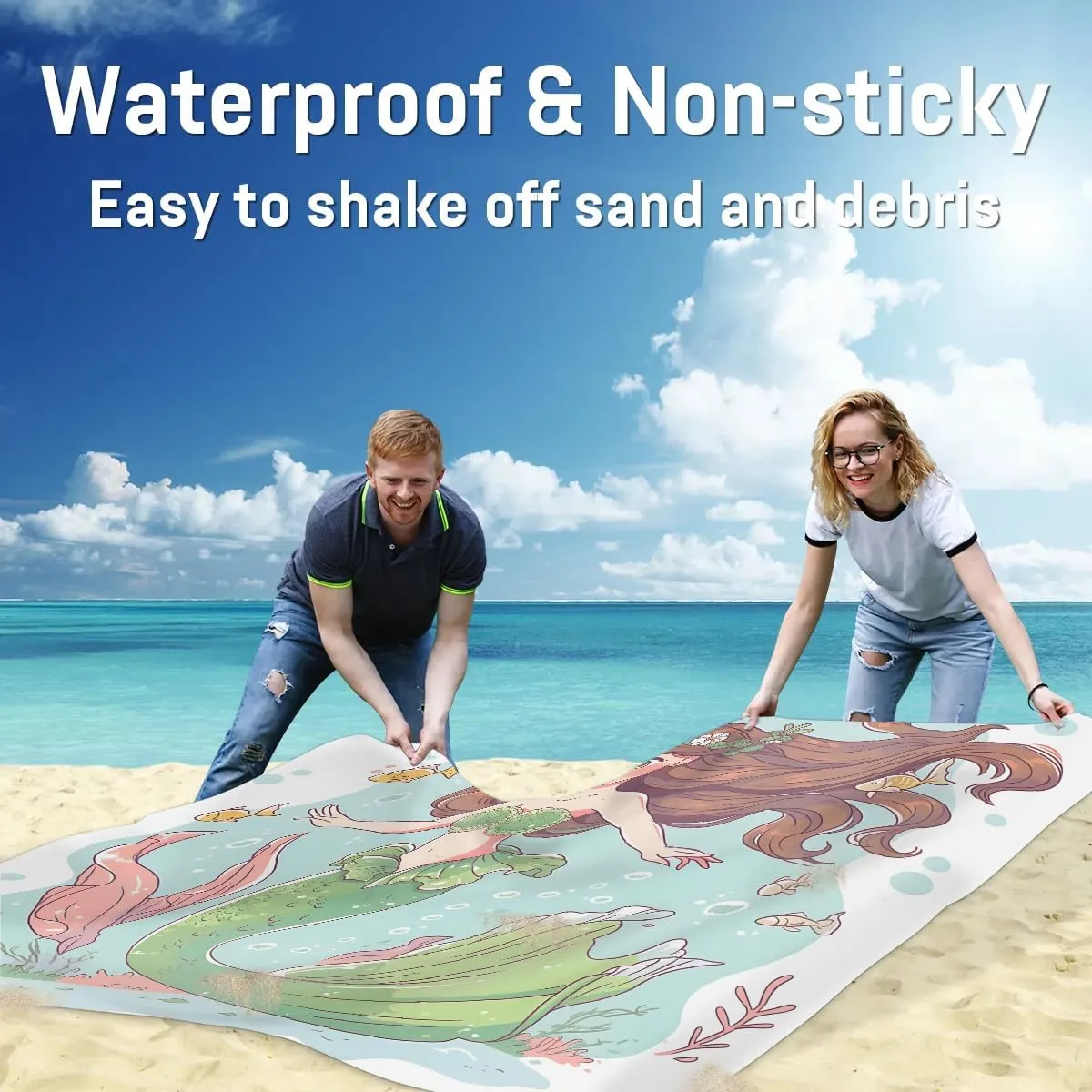 Beach Blanket, Cute Mermaid Sandproof Beach Mat, Waterproof Quick Drying Sand Free Mat with 4 x Ground Spikes for Outdoor Travel Camping Hiking, Cartoon Mermaid 68 x 59 in