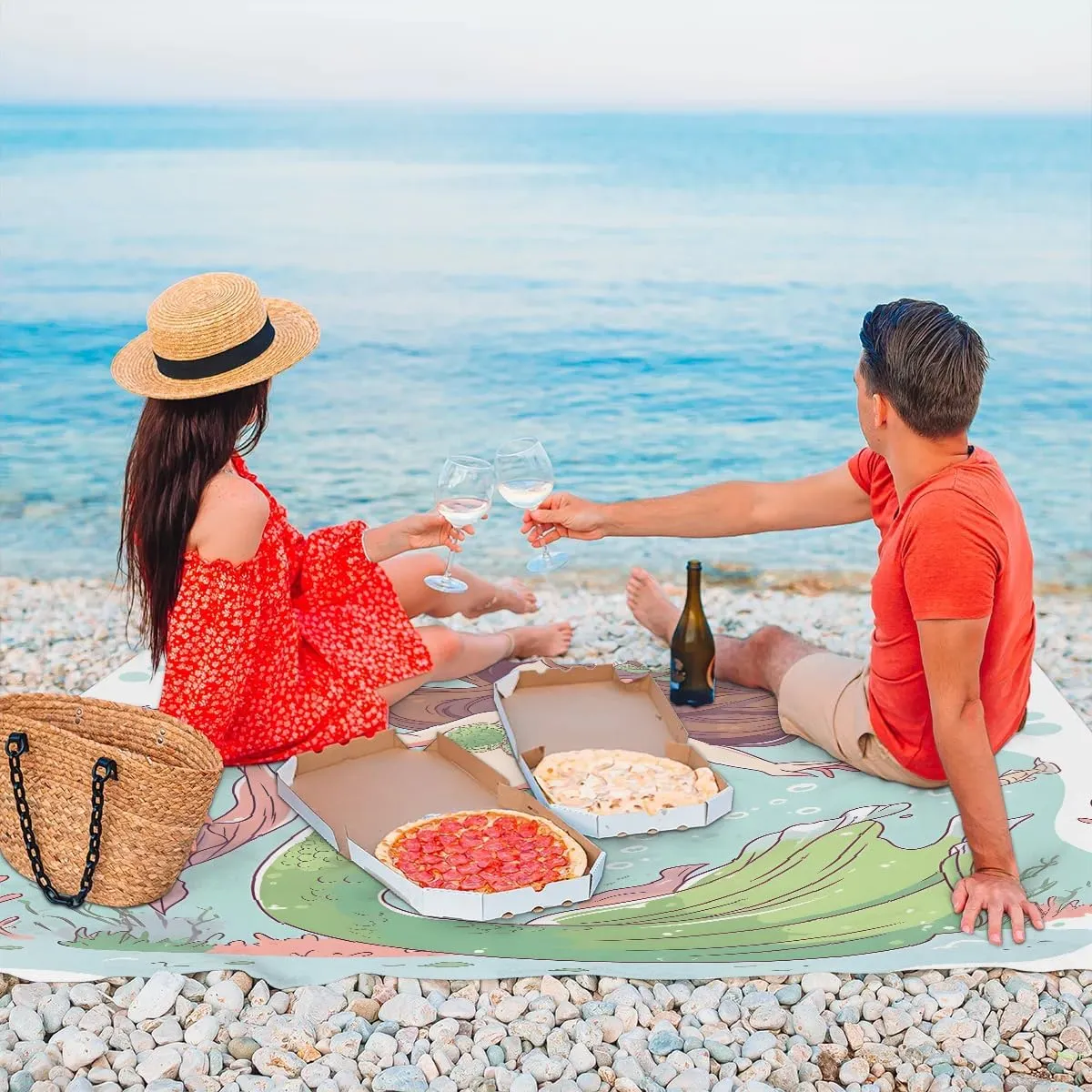 Beach Blanket, Cute Mermaid Sandproof Beach Mat, Waterproof Quick Drying Sand Free Mat with 4 x Ground Spikes for Outdoor Travel Camping Hiking, Cartoon Mermaid 68 x 59 in