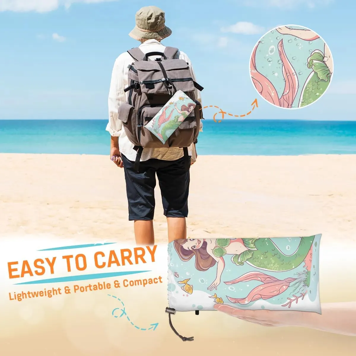 Beach Blanket, Cute Mermaid Sandproof Beach Mat, Waterproof Quick Drying Sand Free Mat with 4 x Ground Spikes for Outdoor Travel Camping Hiking, Cartoon Mermaid 68 x 59 in