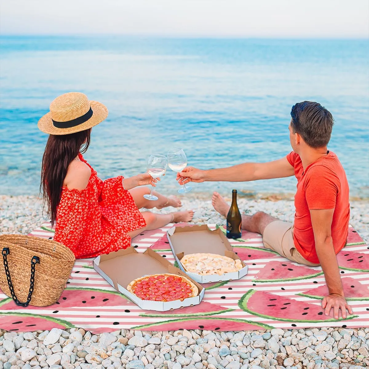 Beach Blanket, Cute Watermelon Sandproof Beach Mat, Waterproof Quick Drying Sand Free Mat with 4 x Ground Spikes for Outdoor Travel Camping Hiking, Striped 68 x 59 in