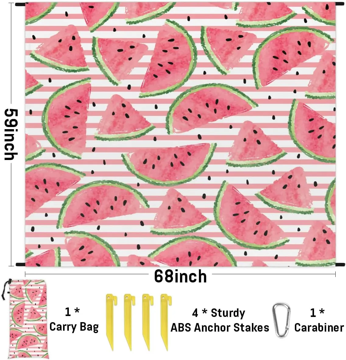 Beach Blanket, Cute Watermelon Sandproof Beach Mat, Waterproof Quick Drying Sand Free Mat with 4 x Ground Spikes for Outdoor Travel Camping Hiking, Striped 68 x 59 in