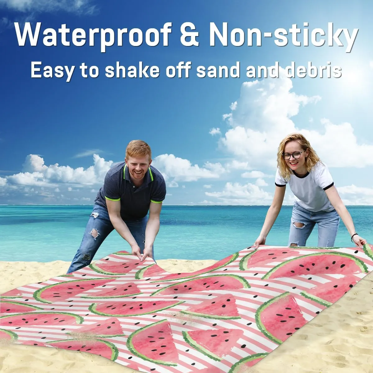 Beach Blanket, Cute Watermelon Sandproof Beach Mat, Waterproof Quick Drying Sand Free Mat with 4 x Ground Spikes for Outdoor Travel Camping Hiking, Striped 68 x 59 in